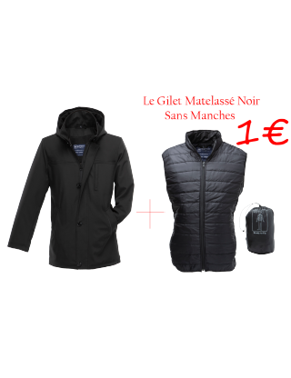 OFFRE SPECIAL :MANTEAU TROIS-QUARTS AVEC CAPUCHE AMOVIBLE + GILET MATELASSÉ NOIR A 1€